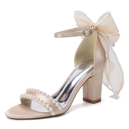 Women's Pearl Embellished Ankle Strap Sandals with Bow, Chunky Heel Bridal Shoes