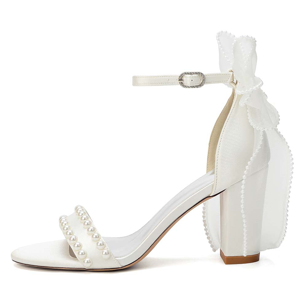 Women's Pearl Embellished Ankle Strap Sandals with Bow, Chunky Heel Bridal Shoes