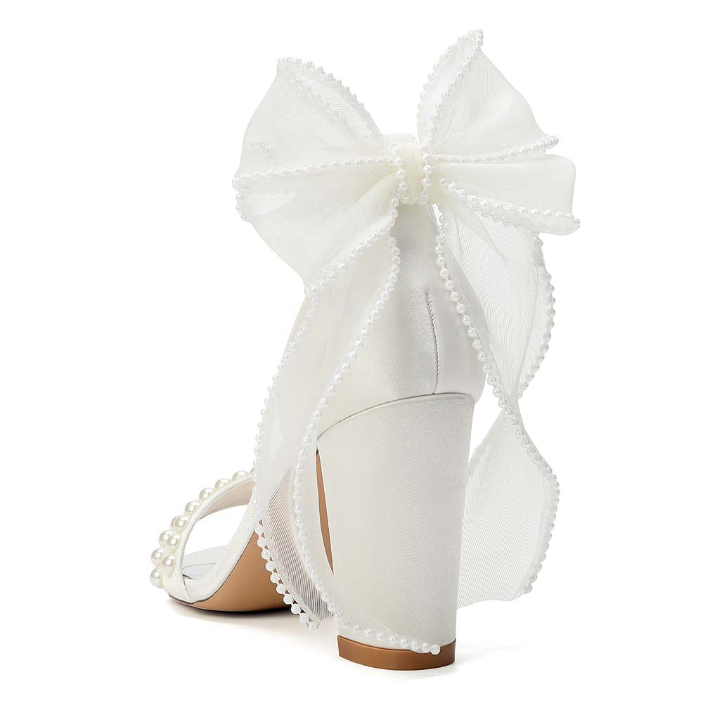 Women's Pearl Embellished Ankle Strap Sandals with Bow, Chunky Heel Bridal Shoes