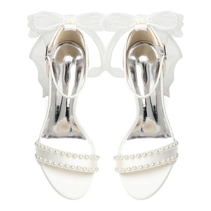 Women's Pearl Embellished Ankle Strap Sandals with Bow, Chunky Heel Bridal Shoes