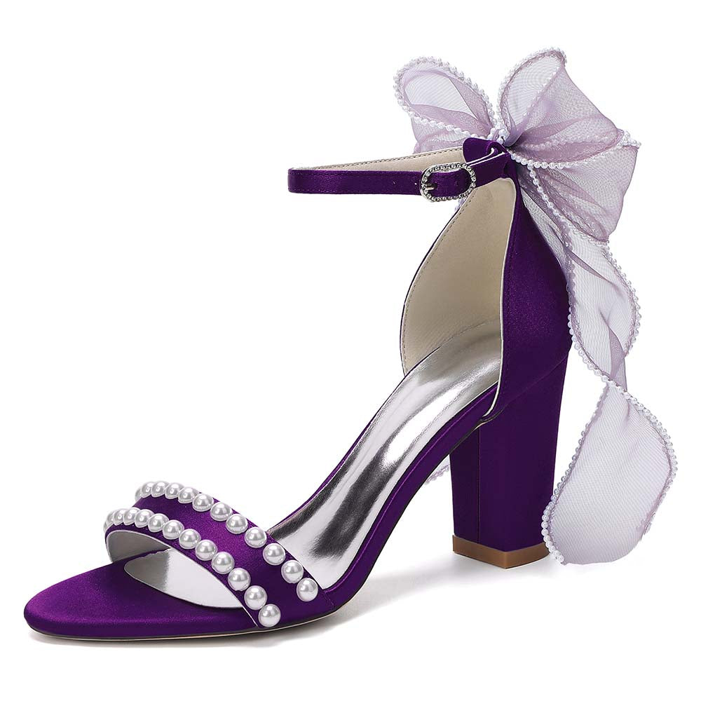 Women's Pearl Embellished Ankle Strap Sandals with Bow, Chunky Heel Bridal Shoes