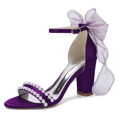 Women's Pearl Embellished Ankle Strap Sandals with Bow, Chunky Heel Bridal Shoes