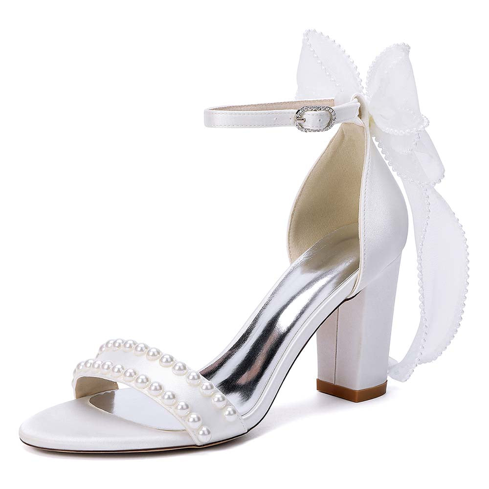 Women's Pearl Embellished Ankle Strap Sandals with Bow, Chunky Heel Bridal Shoes