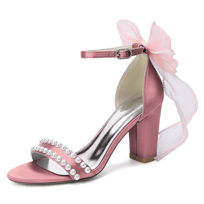 Women's Pearl Embellished Ankle Strap Sandals with Bow, Chunky Heel Bridal Shoes
