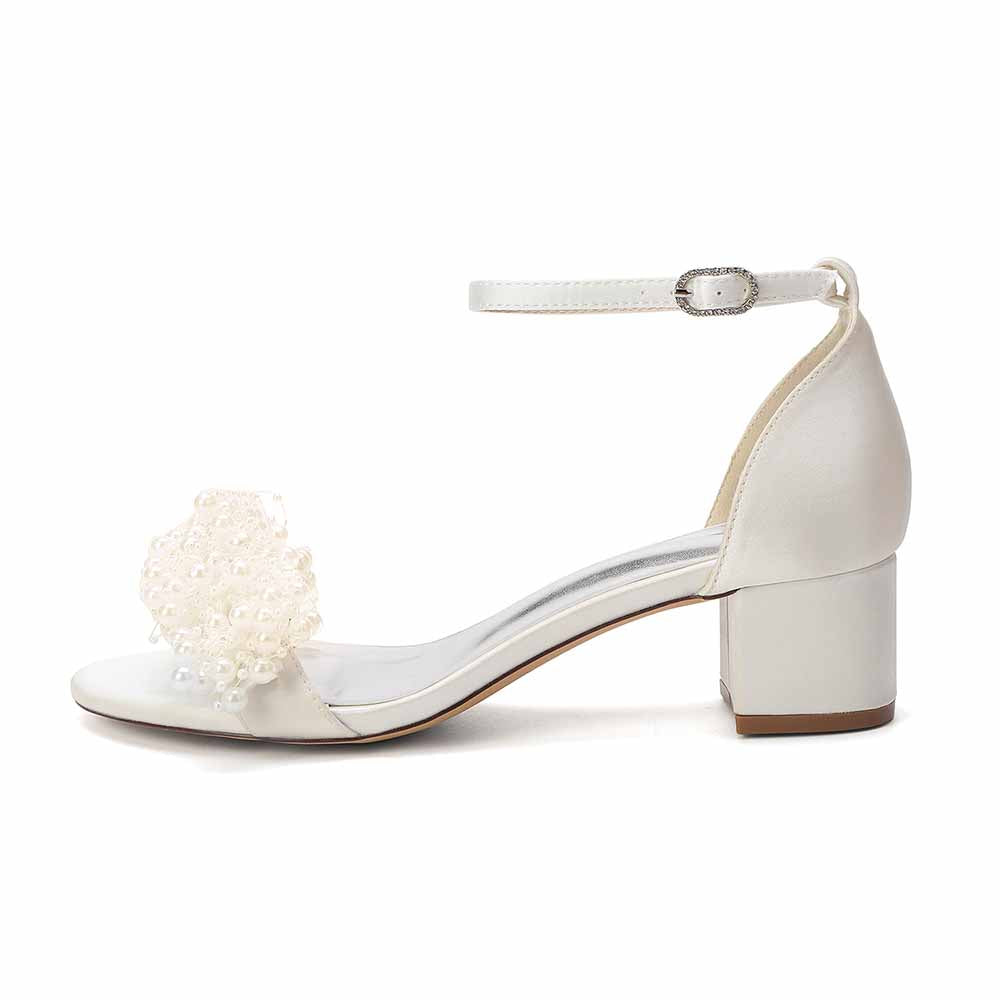 Women's Pearl Bridal Wedding Shoes Chunky Heel Ankle Strap Sandals for Party Evening