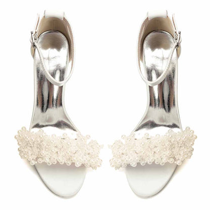 Women's Pearl Bridal Wedding Shoes Chunky Heel Ankle Strap Sandals for Party Evening