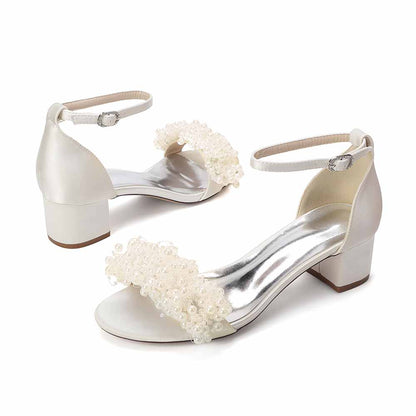 Women's Pearl Bridal Wedding Shoes Chunky Heel Ankle Strap Sandals for Party Evening