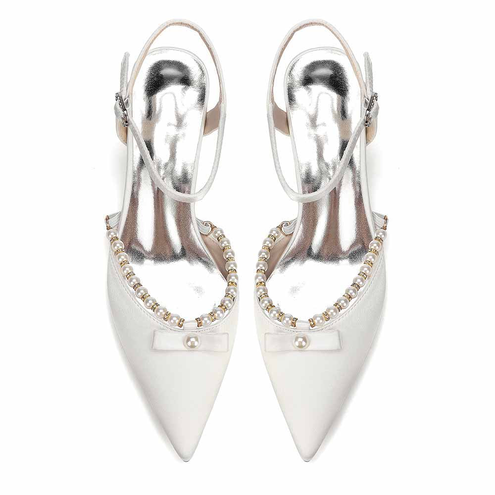 Women's Pearl Embellished Mid Heel Sandals Wedding Party Shoes