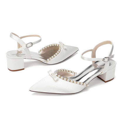 Women's Pearl Embellished Mid Heel Sandals Wedding Party Shoes