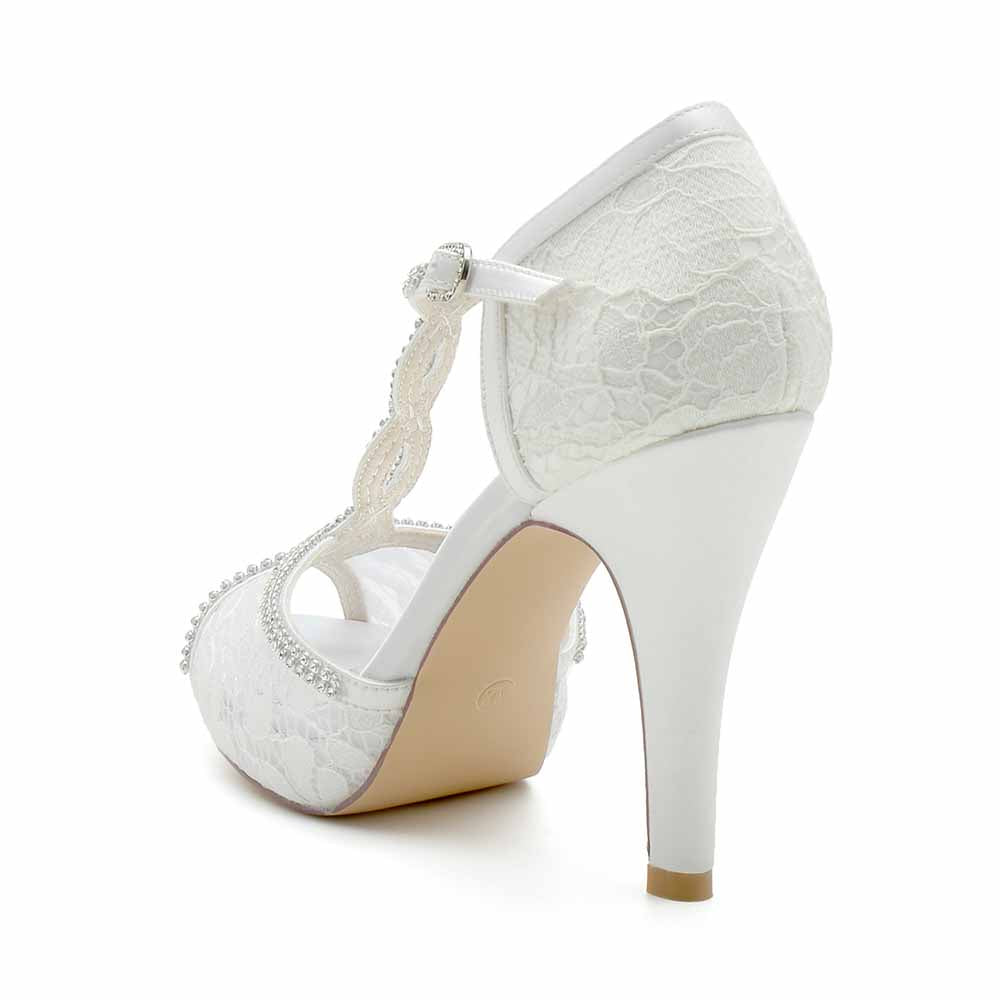 Women's Peep-Toe Lace Wedding Shoes Cross Strap Bridal Heels