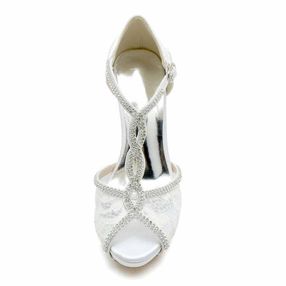 Women's Peep-Toe Lace Wedding Shoes Cross Strap Bridal Heels