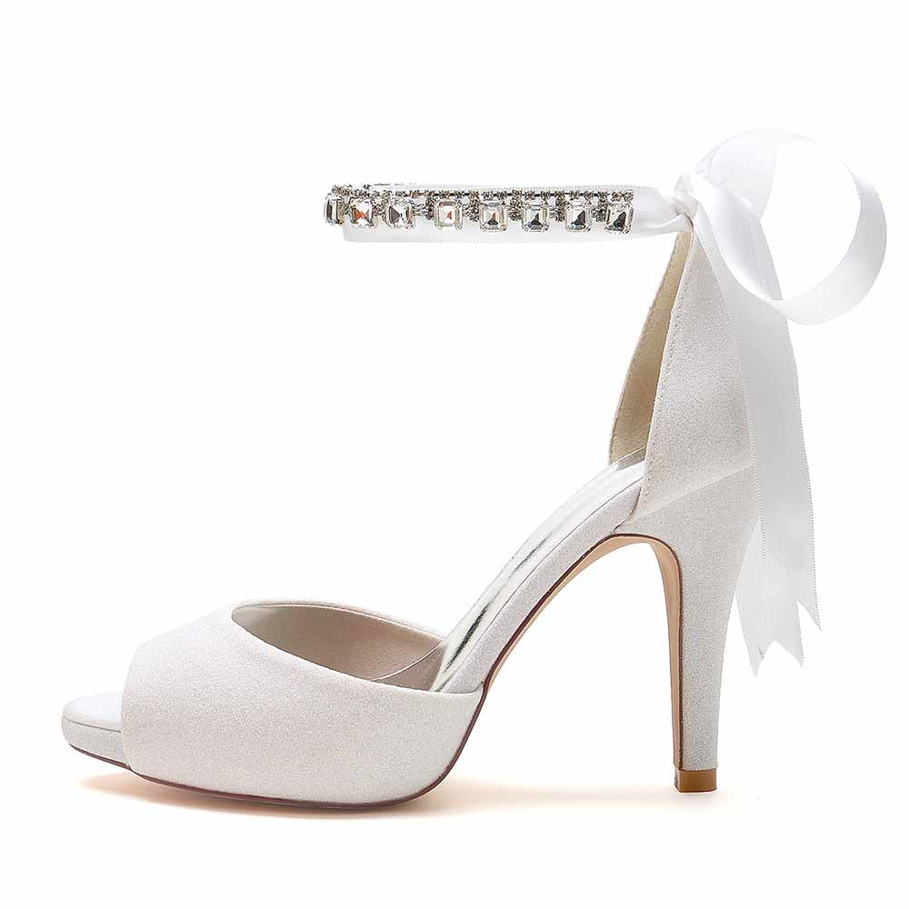 Women's Peep-Toe Wedding Shoes Beaded Lace-Up Heels Bridal Pumps