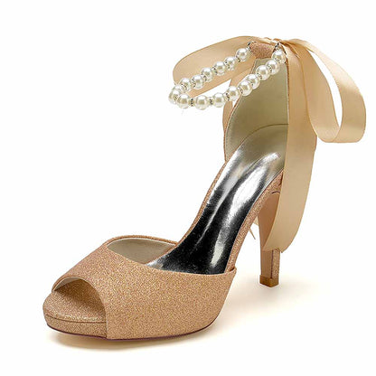 Women's Peep-Toe Wedding Shoes Pearls Lace-Up Heeled Bridal Pumps