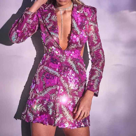 Women's Pink Sequin Blazer Dress Mini Dress Long Sleeve Short Party Dress