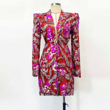 Women's Pink Sequin Blazer Dress Mini Dress Long Sleeve Short Party Dress