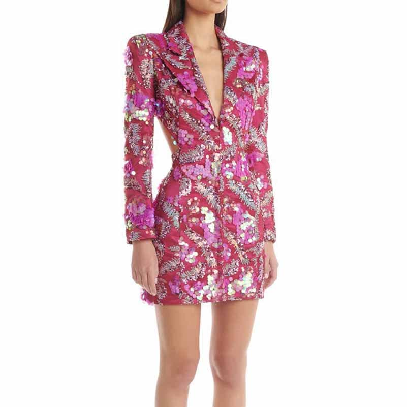 Women's Pink Sequin Blazer Dress Mini Dress Long Sleeve Short Party Dress