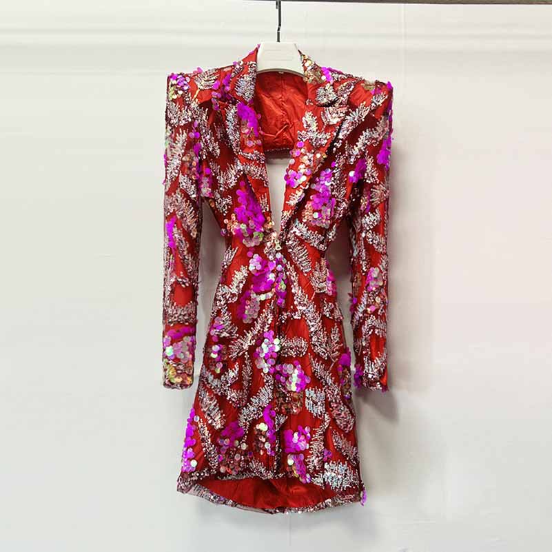 Women's Pink Sequin Blazer Dress Mini Dress Long Sleeve Short Party Dress