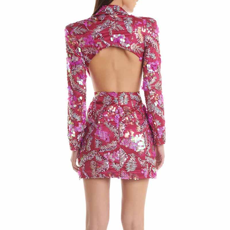 Women's Pink Sequin Blazer Dress Mini Dress Long Sleeve Short Party Dress