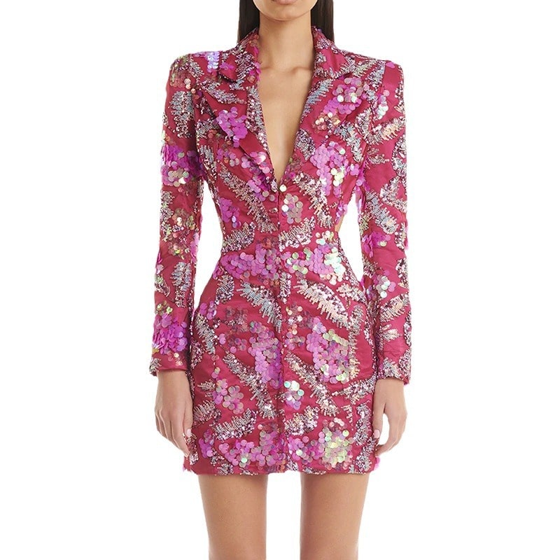 Women's Pink Sequin Blazer Dress Mini Dress Long Sleeve Short Party Dress