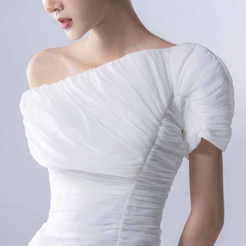 Women's Off Shoulder 2 PCS Set Pleated Wedding Suit White Formal Event Pantsuit