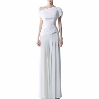 Women's Off Shoulder 2 PCS Set Pleated Wedding Suit White Formal Event Pantsuit