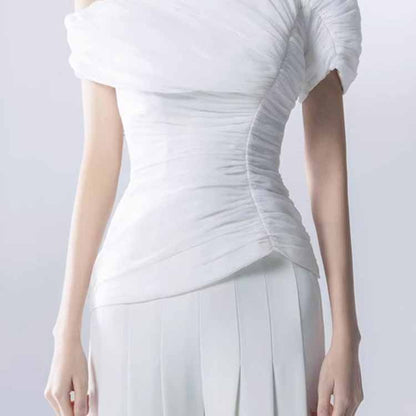 Women's Off Shoulder 2 PCS Set Pleated Wedding Suit White Formal Event Pantsuit