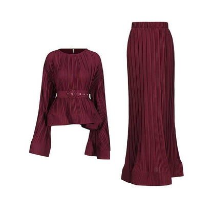 Women's Pleated Top and Skirt Set Maxi Skirt Suit With Belt