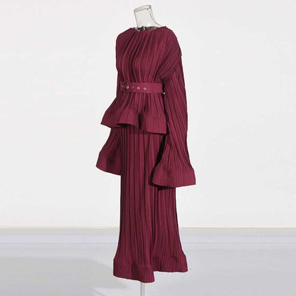 Women's Pleated Top and Skirt Set Maxi Skirt Suit With Belt