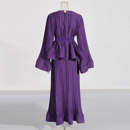Women's Pleated Top and Skirt Set Maxi Skirt Suit With Belt