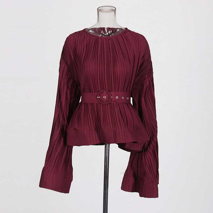 Women's Pleated Top and Skirt Set Maxi Skirt Suit With Belt