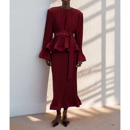 Women's Pleated Top and Skirt Set Maxi Skirt Suit With Belt