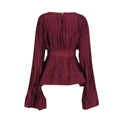 Women's Pleated Top and Skirt Set Maxi Skirt Suit With Belt