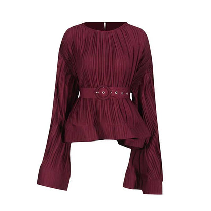 Women's Pleated Top and Skirt Set Maxi Skirt Suit With Belt