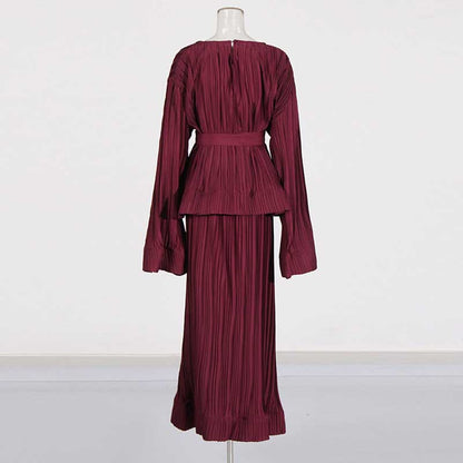 Women's Pleated Top and Skirt Set Maxi Skirt Suit With Belt