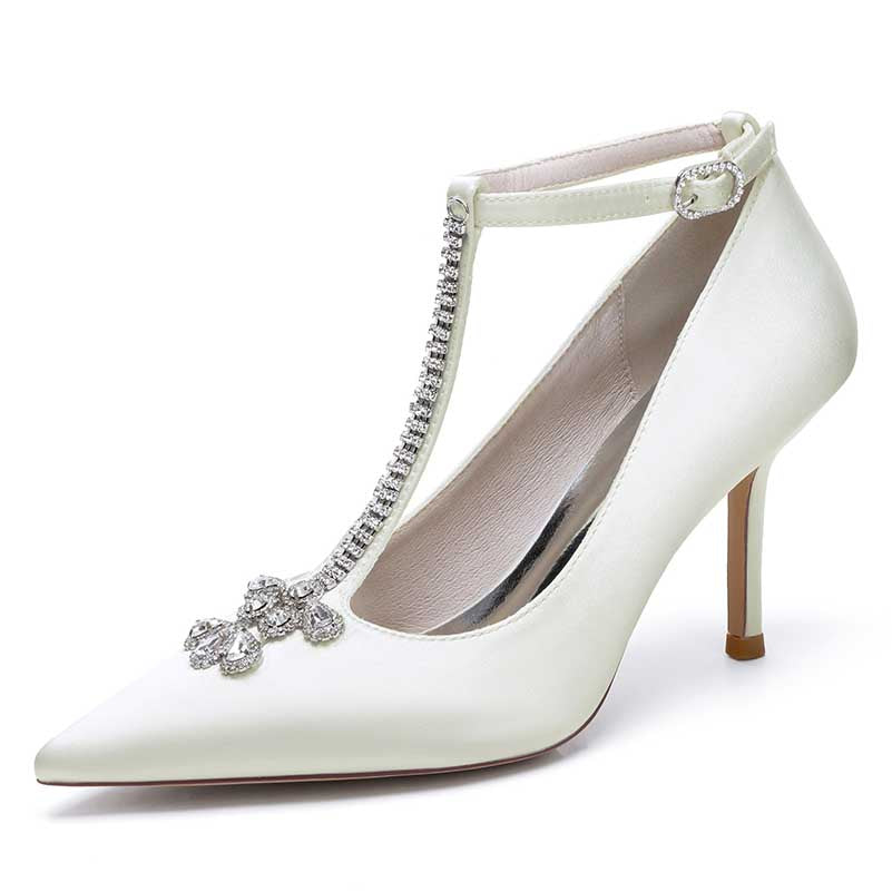 Women's Point Toe Heels Wedding Shoes Crystal Ankle Strap Dress Shoes