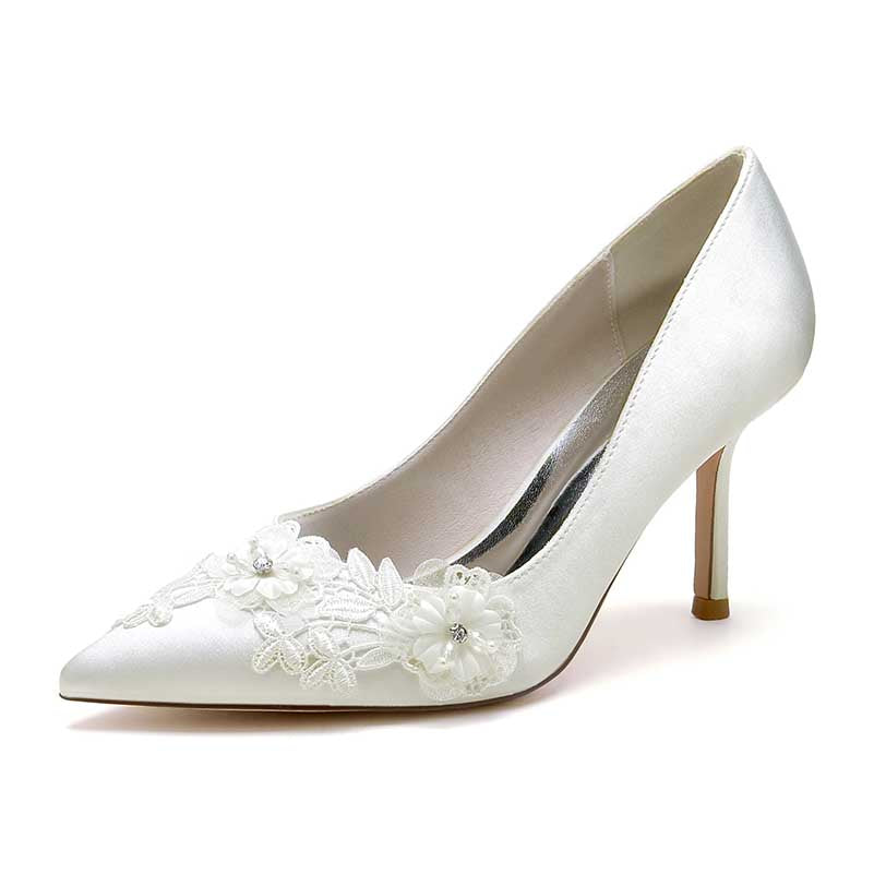 Women's Pumps High Heels Wedding Shoes Flower Appliqued Bridal Shoes