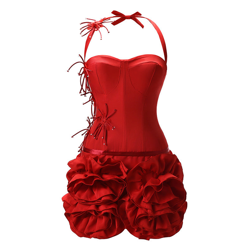 Women's Strapless Corset Gown – 3D Rose Puffball Birthday Dress