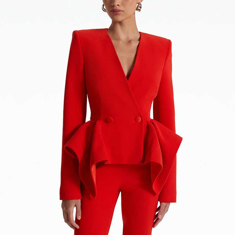 Women's Red Wedding Pantsuit V-Neck Top With Flared Bottoms Suit