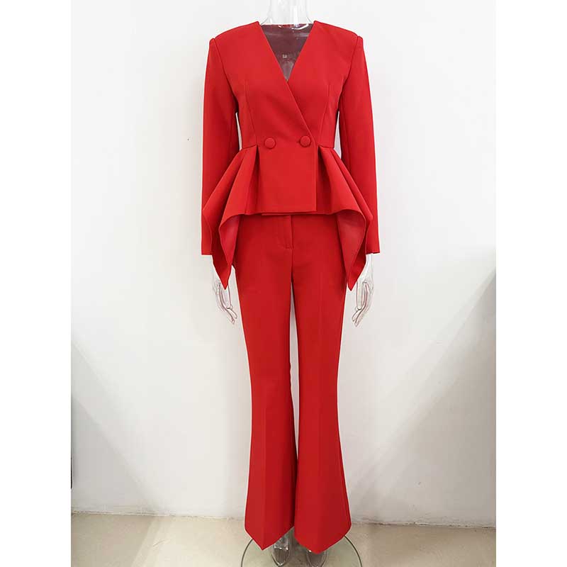 Women's Red Wedding Pantsuit V-Neck Top With Flared Bottoms Suit