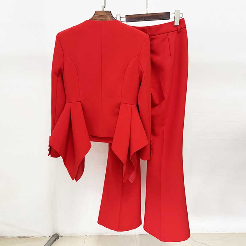 Women's Red Wedding Pantsuit V-Neck Top With Flared Bottoms Suit