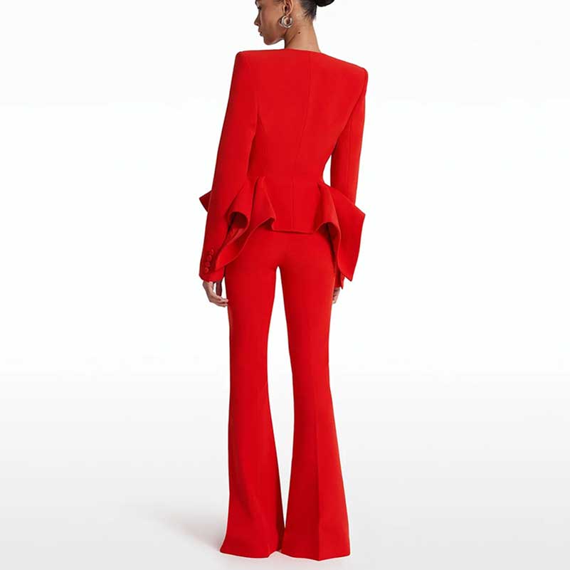 Women's Red Wedding Pantsuit V-Neck Top With Flared Bottoms Suit