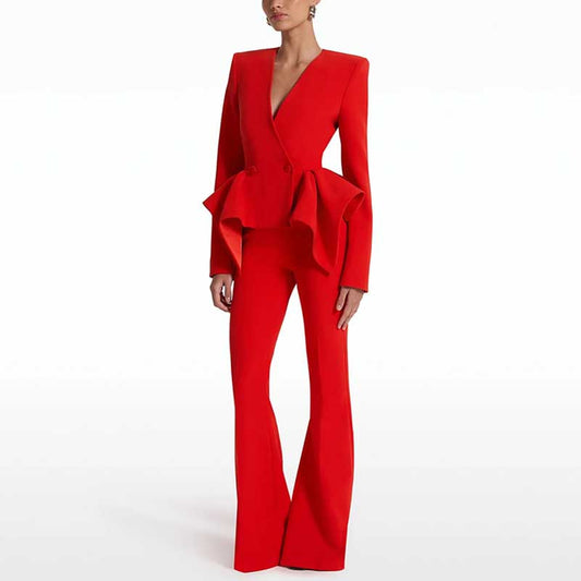 Women's Red Wedding Pantsuit V-Neck Top With Flared Bottoms Suit