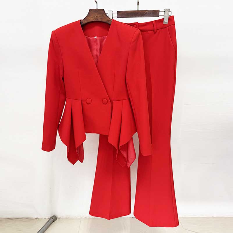 Women's Red Wedding Pantsuit V-Neck Top With Flared Bottoms Suit