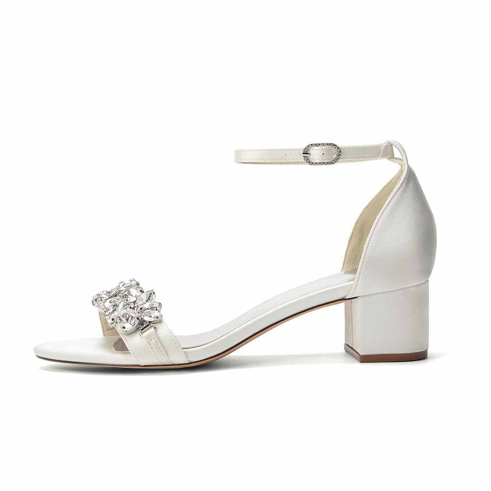 Women's Rhinestone Embellished Satin Strap Chunky Heel Sandals - Wedding Party Bridal Dress Shoes for Women