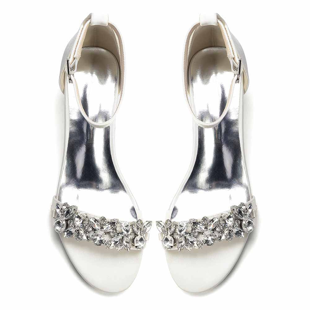 Women's Rhinestone Embellished Satin Strap Chunky Heel Sandals - Wedding Party Bridal Dress Shoes for Women