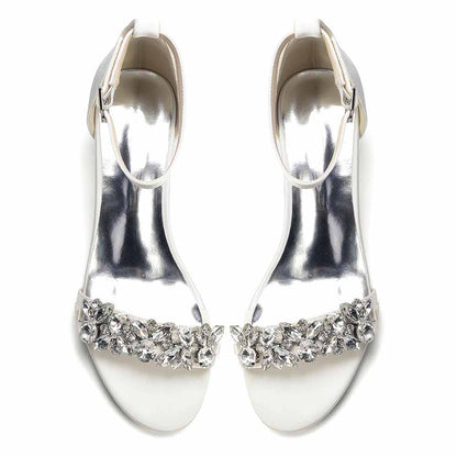 Women's Rhinestone Embellished Satin Strap Chunky Heel Sandals - Wedding Party Bridal Dress Shoes for Women