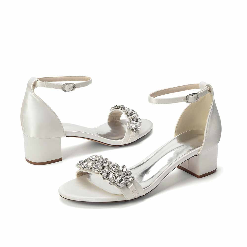 Women's Rhinestone Embellished Satin Strap Chunky Heel Sandals - Wedding Party Bridal Dress Shoes for Women