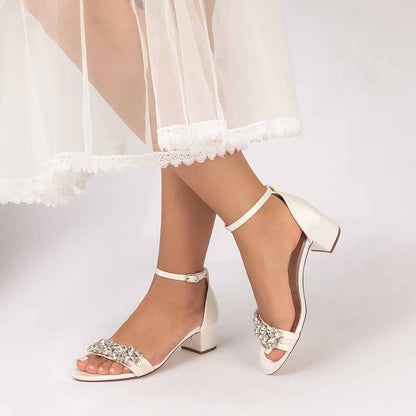 Women's Rhinestone Embellished Satin Strap Chunky Heel Sandals - Wedding Party Bridal Dress Shoes for Women