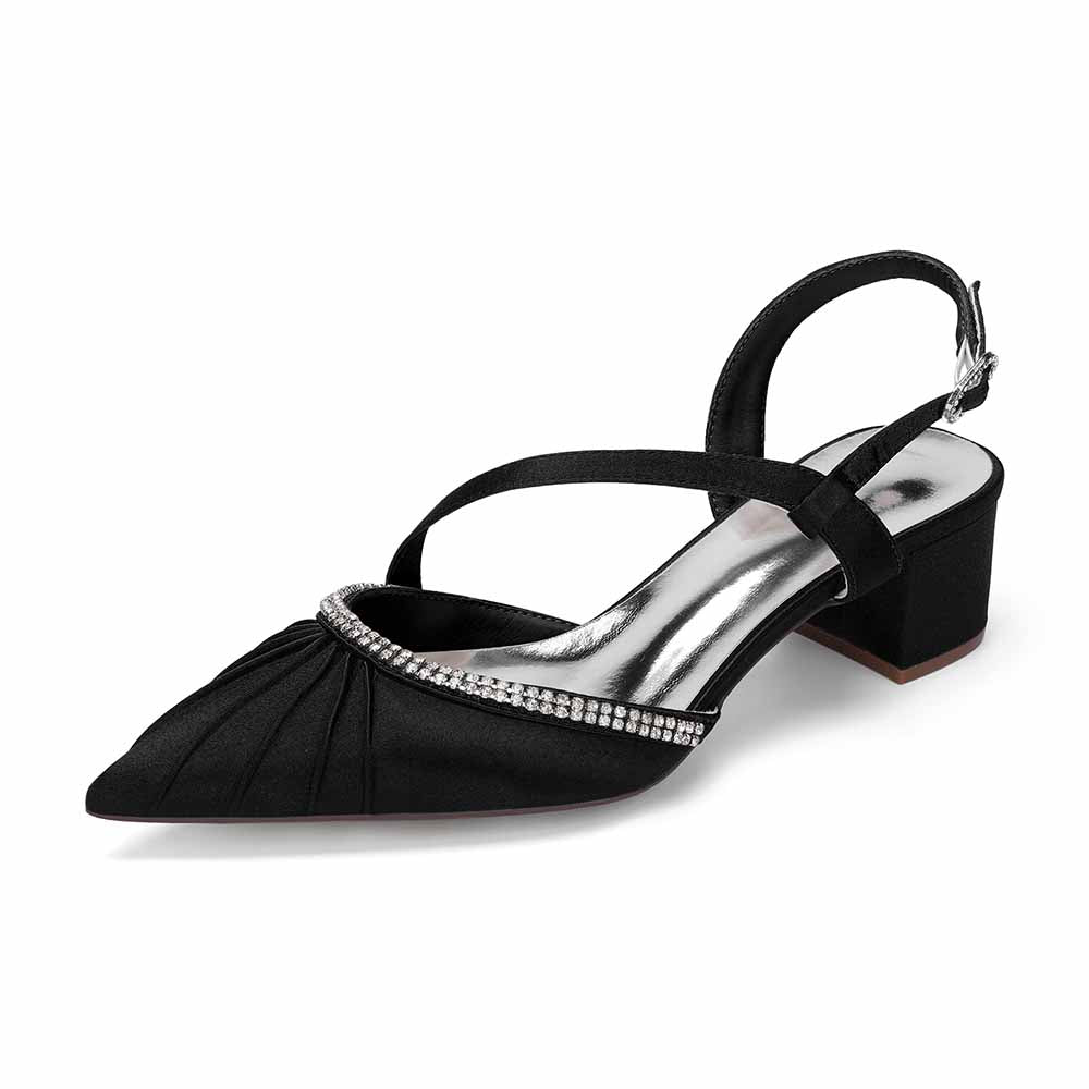 Women's Rhinestone Pointed Toe Chunky Heel Dress Shoes - Multiple Colors Satin Backless Pumps for Wedding/Party/Formal Events