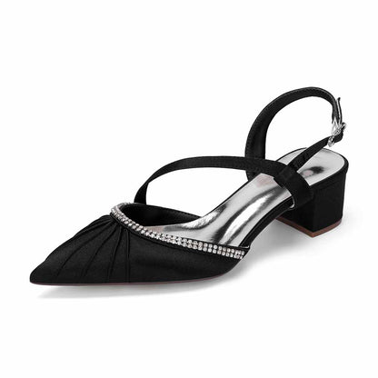 Women's Rhinestone Pointed Toe Chunky Heel Dress Shoes - Multiple Colors Satin Backless Pumps for Wedding/Party/Formal Events